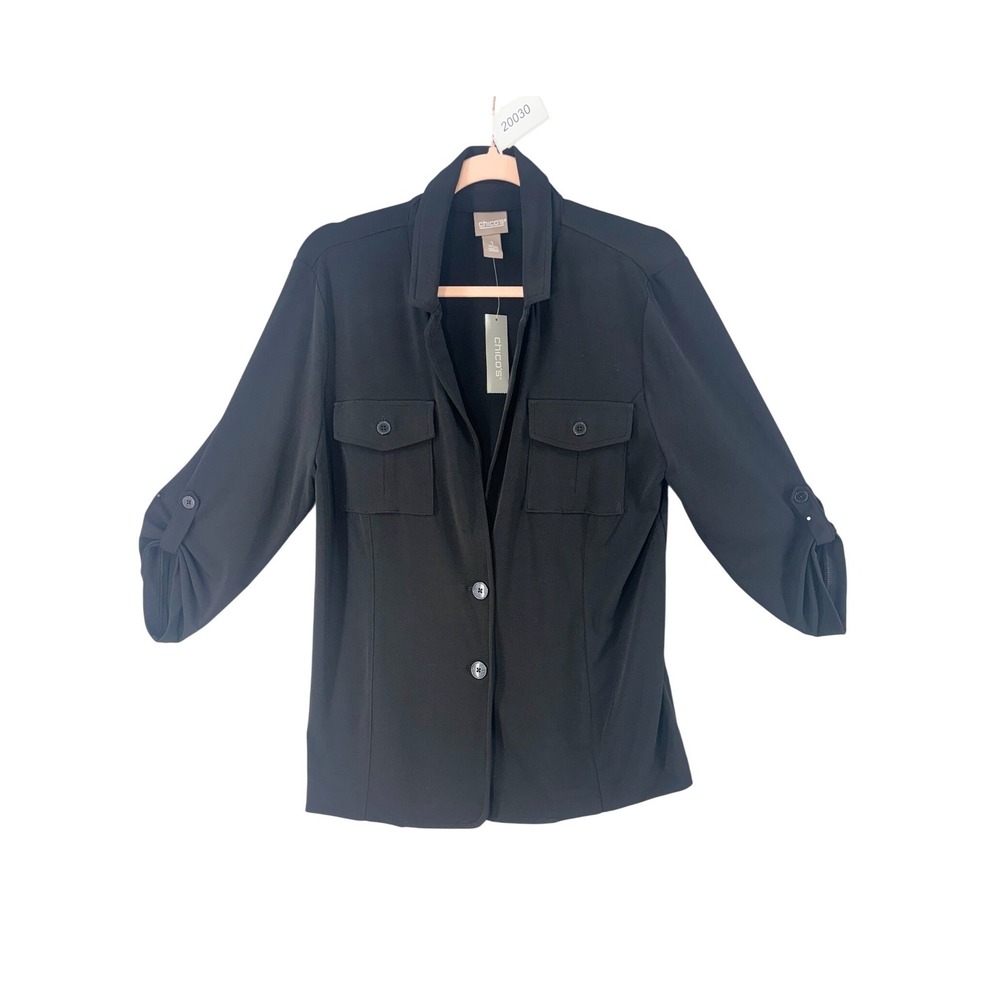NWT Chico's Jacket Womens Sz 1 US M Black Roll-Tab Sleeve Button Front Stretch